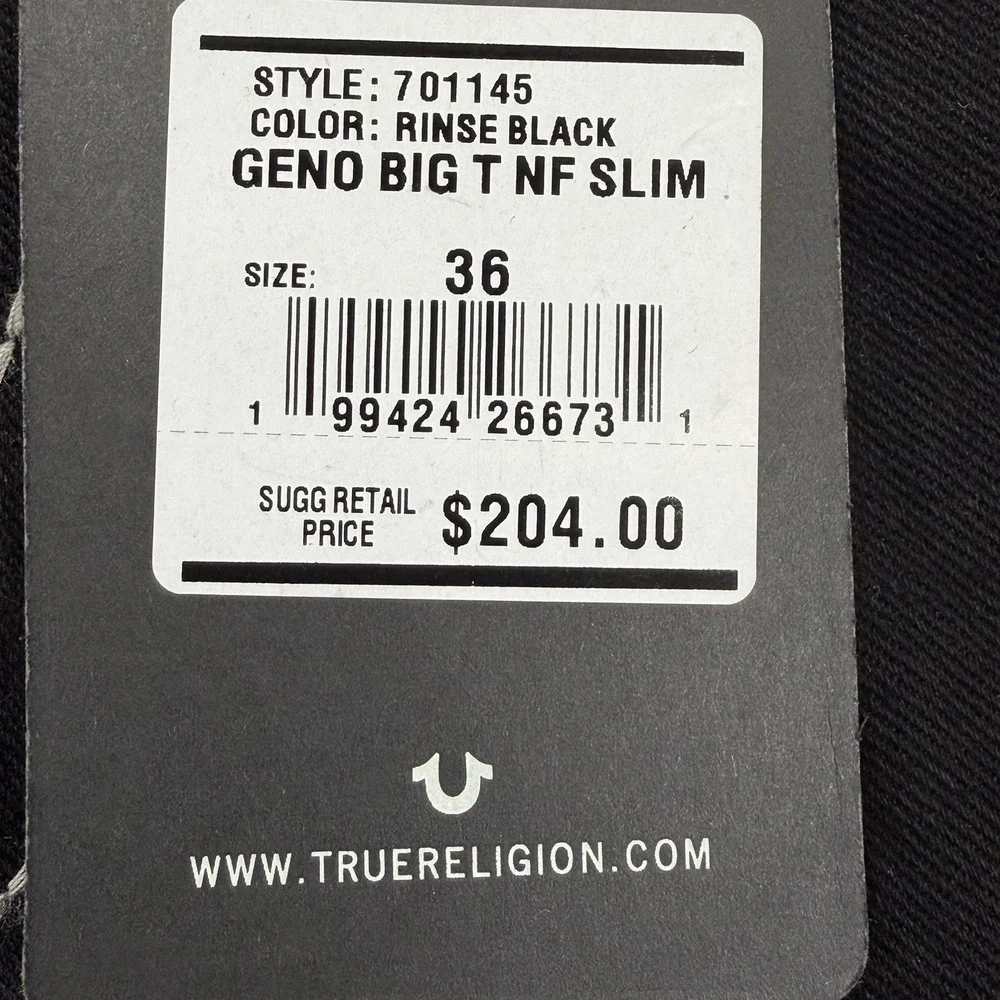 True Religion Jeans Mens 36x32 Geno Relaxed Slim Black Rinse NWT Retail $204